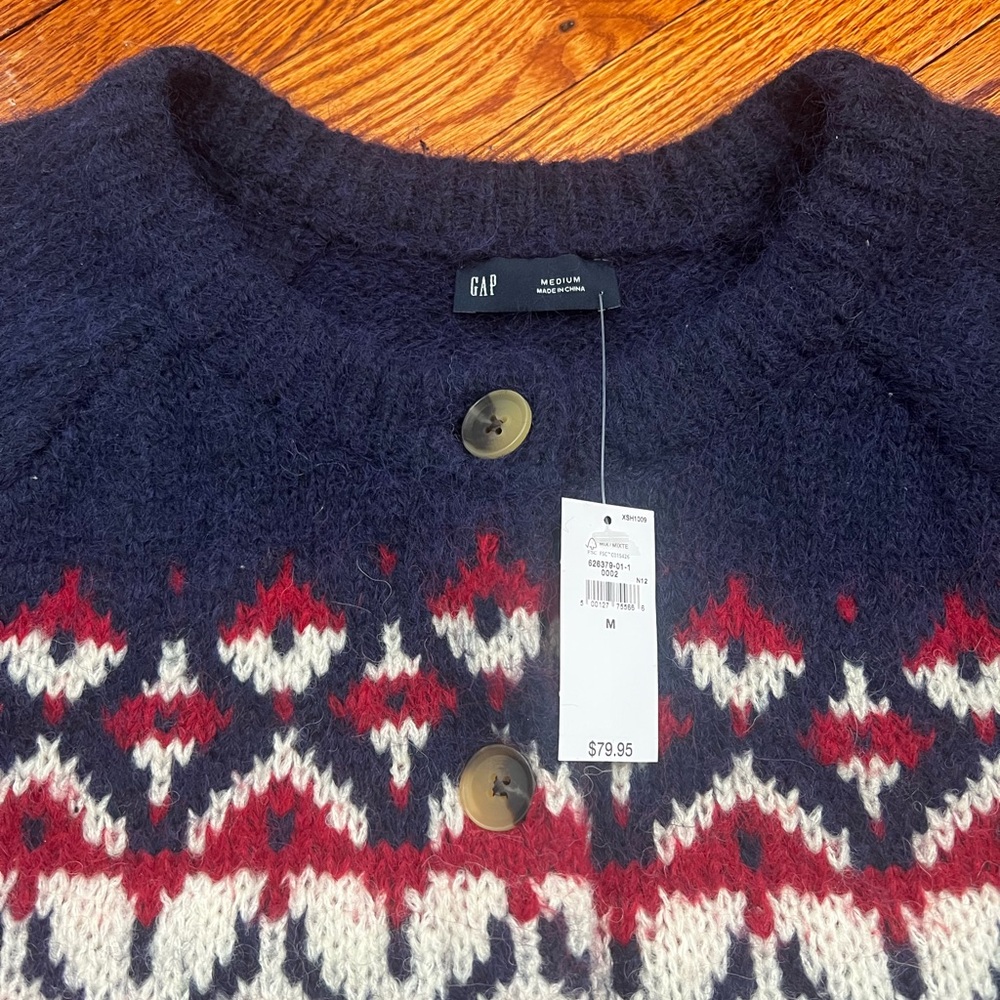 GAP Red Navy Fair Isle Wool Cardigan - Picture 7 of 8